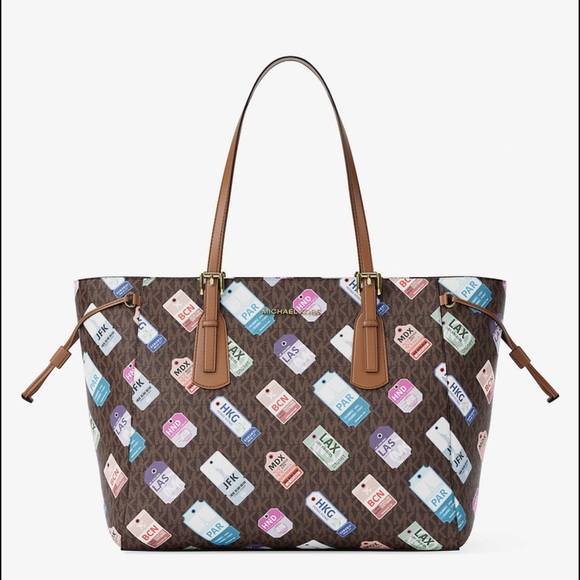 Michael Kors Brown Tote with Multicolor Travel Tags